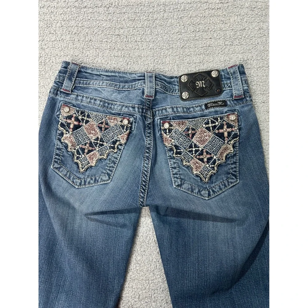 Miss Me Ultra Low Rise Y2K‎ Embroidered Jeans Sz 28 Rhinestone Skinny Western